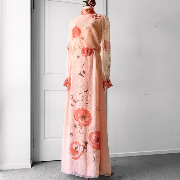 Vintage Dresses & Skirts - Vintage 1960's Poppy Floral Maxi Long Sheer Sleeve Dress RARE OOAK